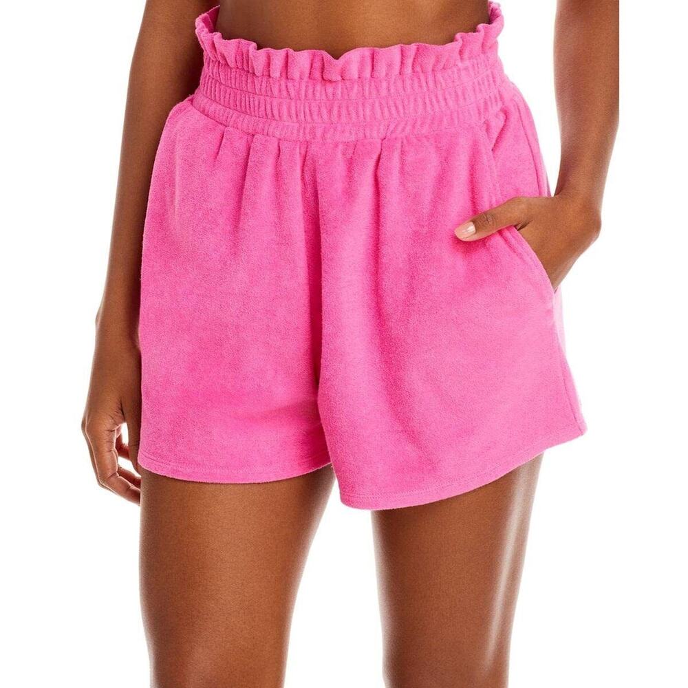 Aqua Swim Women Smocked Cotton Stretch High-Waist Shorts Pink Size S 0340